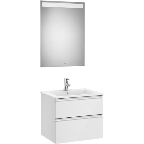 Pack mueble base de 2 cajones + lavabo central + espejo LED THE GAP - ROCA Color: Blanco brillo