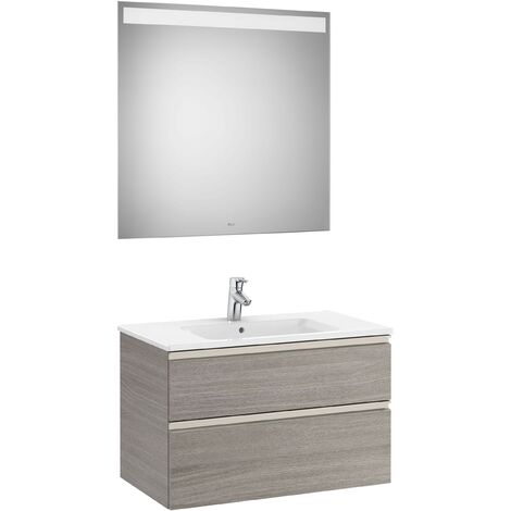 Pack mueble base de 2 cajones + lavabo central + espejo LED THE GAP - ROCA Color: Roble City texturizado