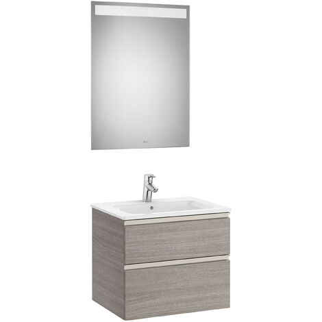Pack mueble base de 2 cajones + lavabo central + espejo LED THE GAP - ROCA Color: Roble City texturizado