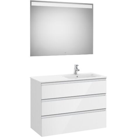 Pack mueble base de 3 cajones + lavabo derecha + espejo LED THE GAP - ROCA Color: Blanco brillo