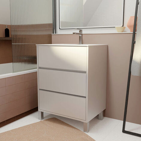 Pack Mueble de Baño 60 cm Blanco Lacado 3 Cajones con Lavabo de Cerámica