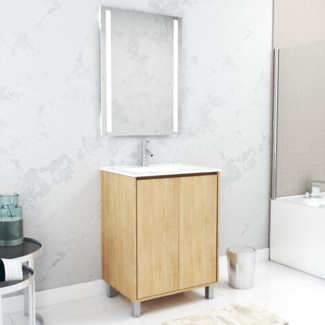 Pack Mueble de Baño 60cm Roble Claro 2 Puertas, Lavabo, Espejo 60x80 con luz Led integrada