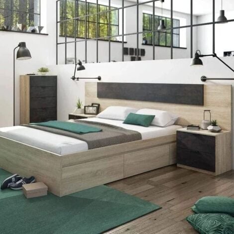 Pack Muebles Dormitorio Andy Cama 150x190 con cajones, cómoda y cabecero con mesitas de noche