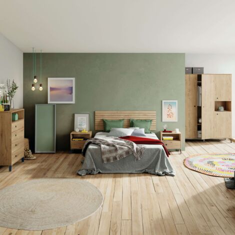 Pack Muebles Dormitorio Camila Armario, Cómoda, Mesita y Cabecero Estilo Industrial Color Roble Gold y Negro