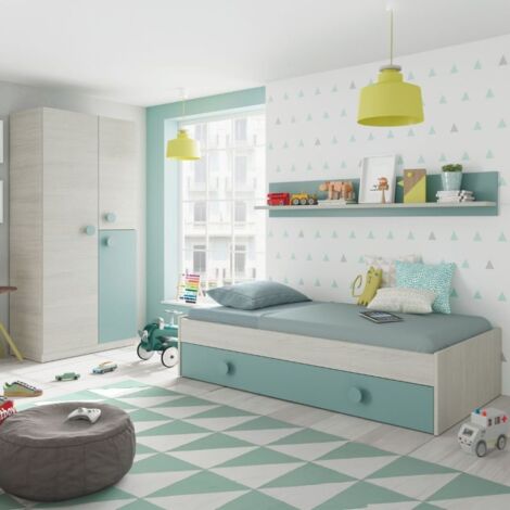 Pack Muebles Dormitorio Juvenil Cama Nido Estante y Armario ropero Verde y Blanco 90x190 cm Sin Somier
