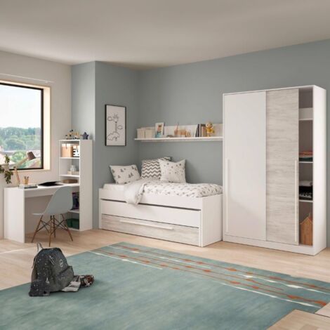 Habitación juvenil nórdica con cama nido, armario, escritorio y almacenaje