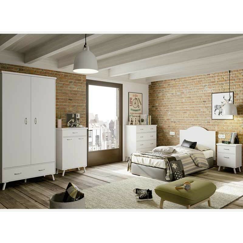 

Pack Muebles Dormitorio Juvenil Tina Vintage Blanco (Cabezal+Armario+Mesita+Cómoda+Zapatero)