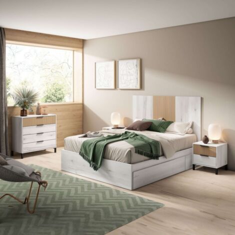 Pack Muebles Dormitorio Matrimonio Arles Nórdicos Modernos Color Blanco Albo y Roble Rayado