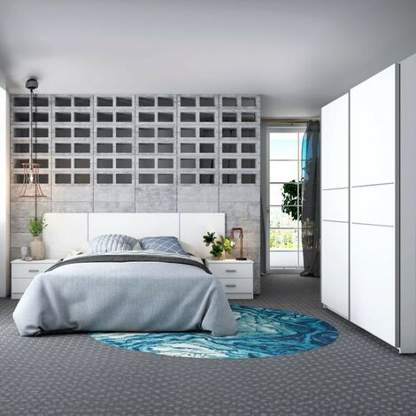 Conjunto muebles dormitorio matrimonio en color blanco mate con cabecero, armario y mesitas dos cajones