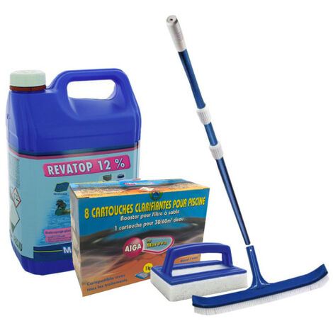 Pack nettoyage eau verte MAREVA pour piscine - Revatop - Cartouche clarifiante - 2 brosses - Manche à balai