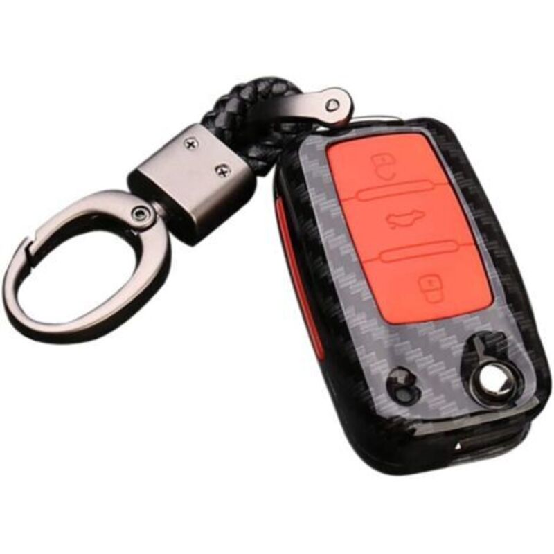 Pack of 1, ABS carbon fiber case + silicone keychain for Volkswagen Bora Beetle Tiguan Polo Passat Jetta Seat Sagitar Golf 6, 3 keys (Black and red).