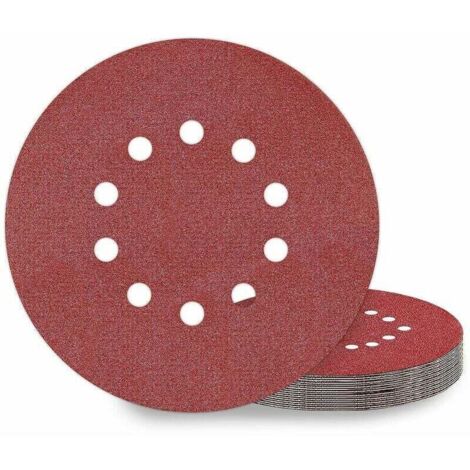 Pack of 10 225mm sanding discs, P100 grit, with 10 holes, for use on drywall sanders and giraffe sanders.