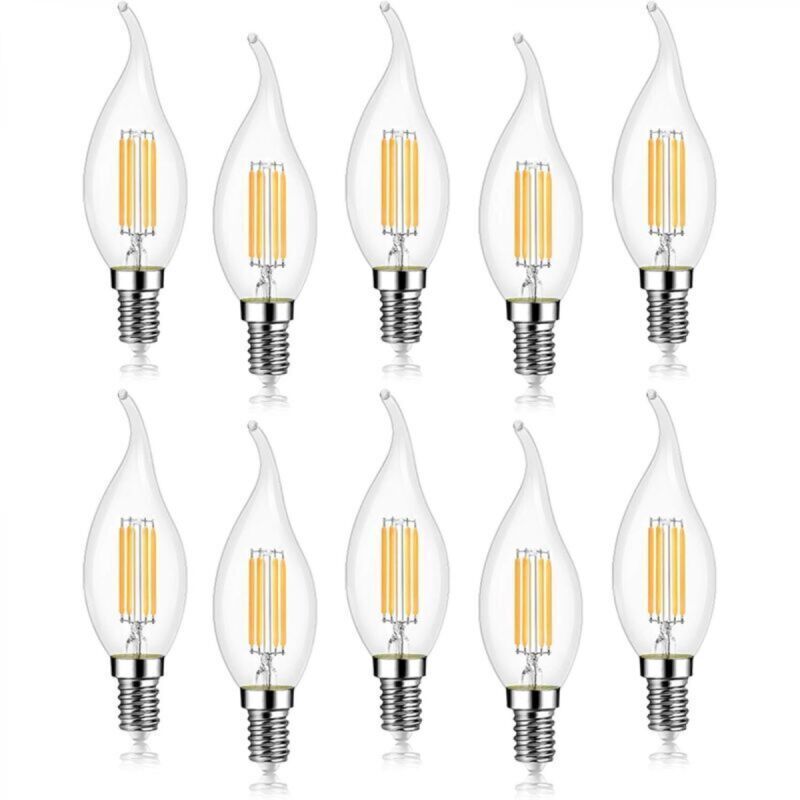 Pack of 10 4W E14 LED Filament Bulbs, Candle Flame, 2700K Warm White, Non-Dimmable, 360° Beam Angle
