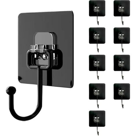 Pack of 10 Adhesive Wall Hooks (Maximum 30 kg) - Black - Waterproof and Traceless - Wall Mounting Without Drilling for Bathroom, Ceiling, Wall Hook, Kitchen Utensils, Keys, Backpack