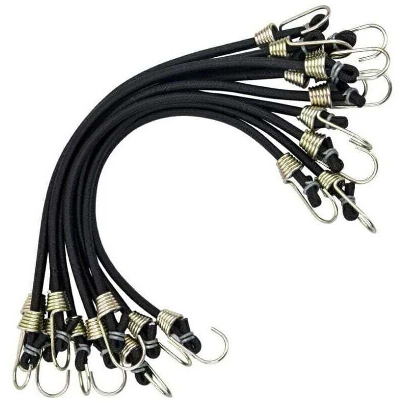Pack of 10 bungee cords, 30 cm – Rubber and metal – Heavy-duty hooks for camping, trailers, motorcycles and bicycles