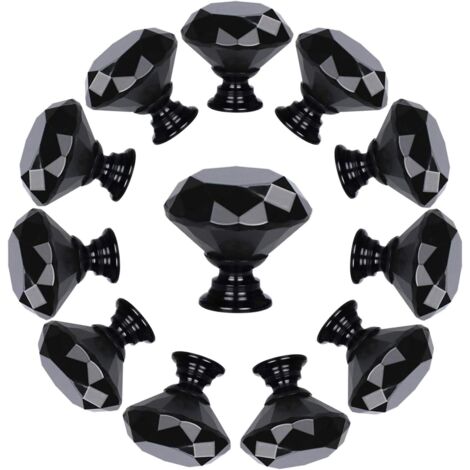 Pack of 10 Diamond Shape Crystal Glass Drawer Knobs (30mm, All Black) Cabinet Knobs Pull Handles