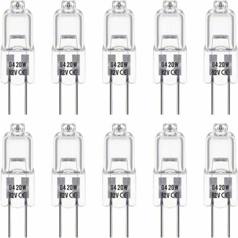 Pack of 10 G4 halogen bulbs, 12V and 20W. These bulbs emit a warm white light of 3000K, with a brightness of 350 lumens. They are dimmable and have a transparent appearance.