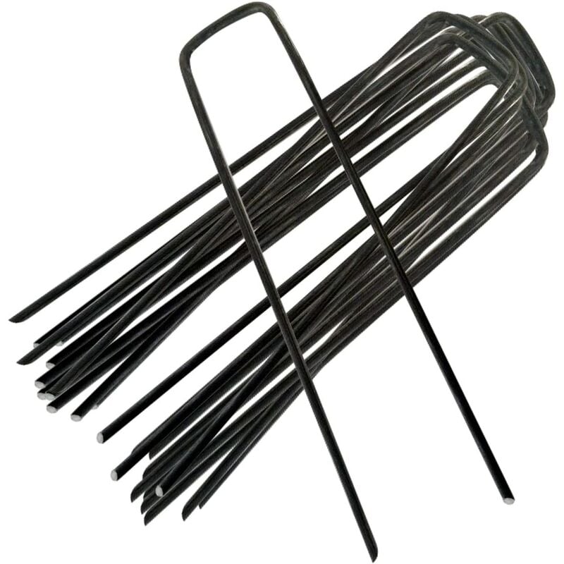 Pack of 10 - Garden Pegs Stakes Staples Securing Lawn u Shaped Nail Pins - 150mm/6 Inch-black