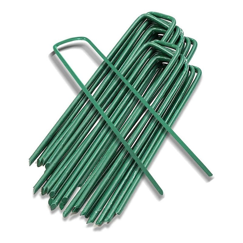 Pack of 10 - Garden Pegs Stakes Staples Securing Lawn u Shaped Nail Pins - 150mm/6 Inch-green