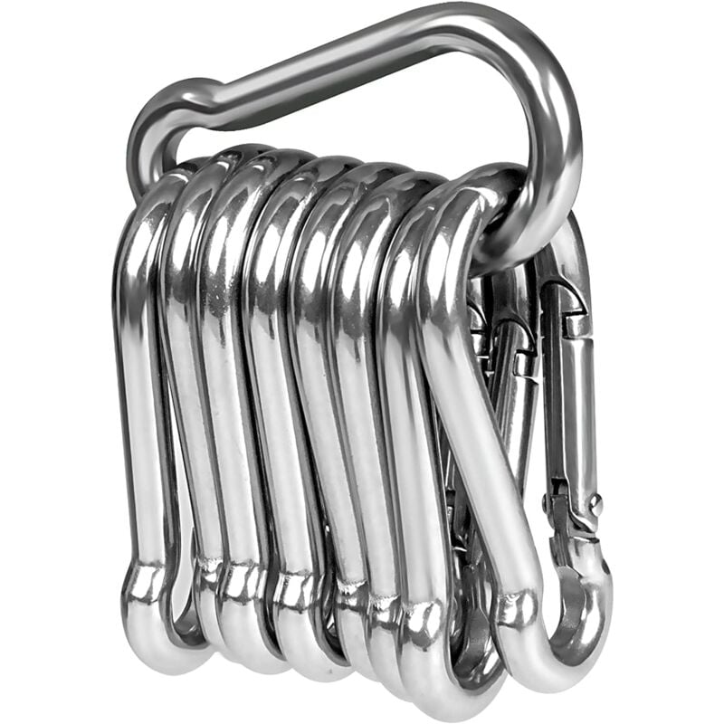 Pack of 10 heavy duty 304 stainless steel carabiners, premium quality, 50 mm x 5 mm, stainless steel carabiner with ratchet closure for all types of