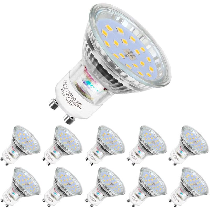 Pack of 10 LED bulbs, GU10-5W equivalent to 60W, cool white 6000K, 120° wide beam, LED spot bulbs