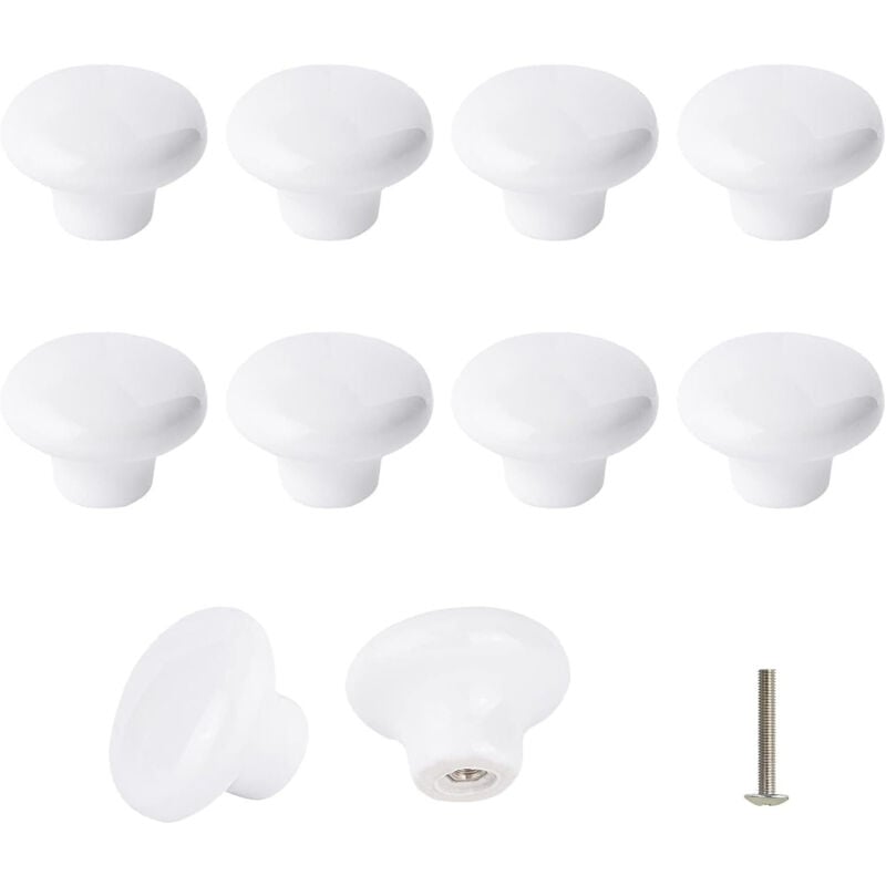 Csparkv - Pack of 10 White Ceramic Knob, Ceramic Door Handle, Retro Round Ceramic Cabinet Drawer Kitchen Pull Handle 32mm with 3 Sizes Screws