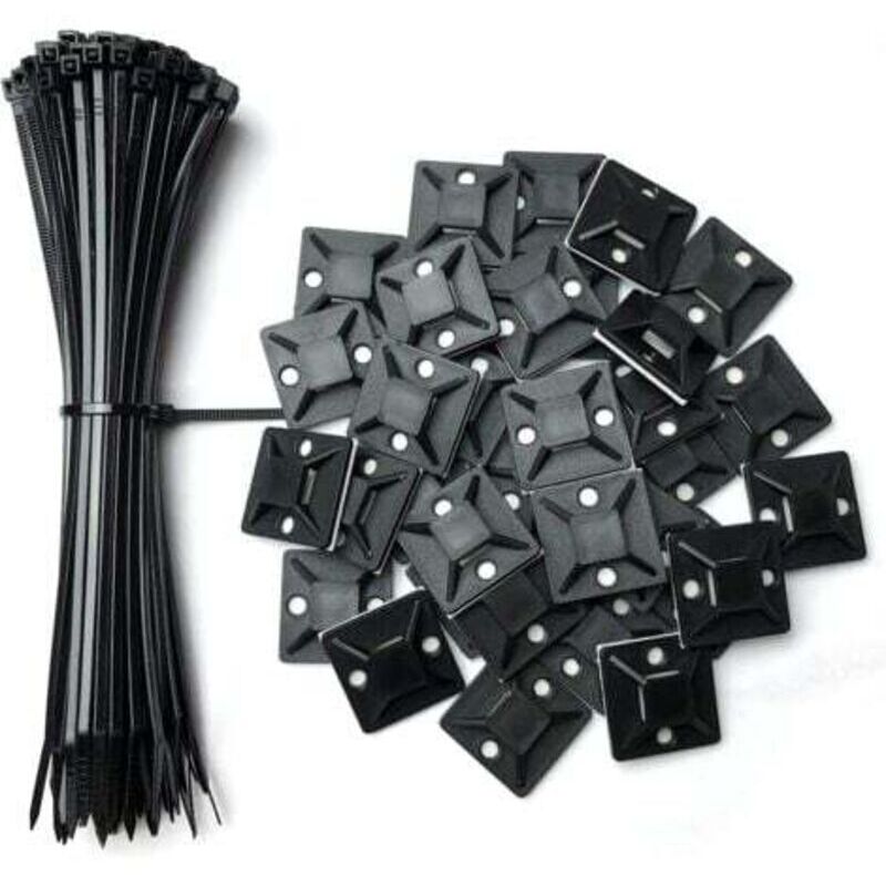 Pack of 100 adhesive cable tie holders, 25 mm x 25 mm, black, self-adhesive, plastic cable tie holders, 100 free 150 mm cable ties