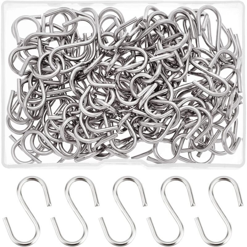 Pack of 100 stainless steel 304 S-hooks, small metal S-hooks, hanging hooks for hanging small items, keys, jewelry, lightweight bags, 29 x 2 mm