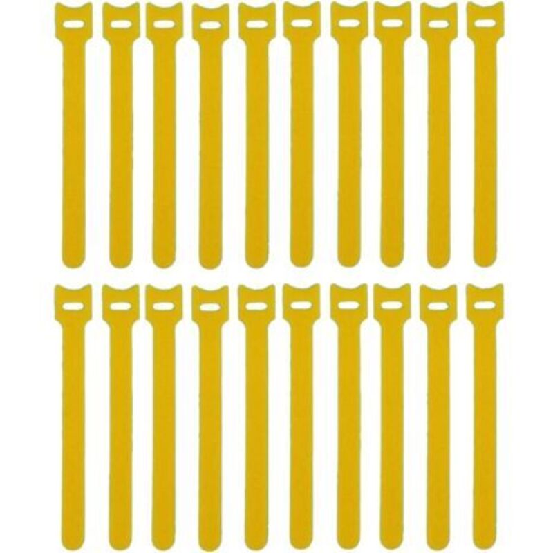 Pack of 100 yellow reusable hook and loop cable ties for cable management and organization