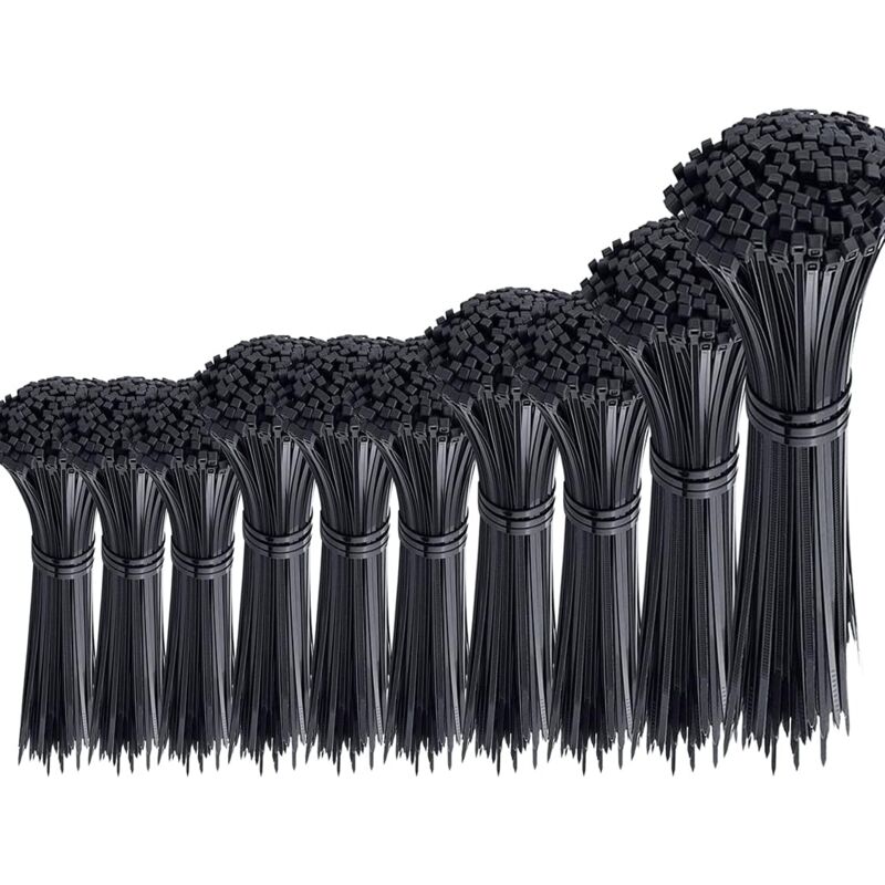 Longziming - 1000pcs Black Cable Ties, Heavy Duty Plastic Cable Ties, Rilsan Nylon Cable Ties, Cable Tie Assortment, 100/150/200/250/300mm Length,