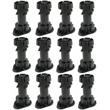 Pack of 12 Adjustable Furniture Legs Plastic Cabinet Feet with Clip Base Fixing - Height 120 to 150mm