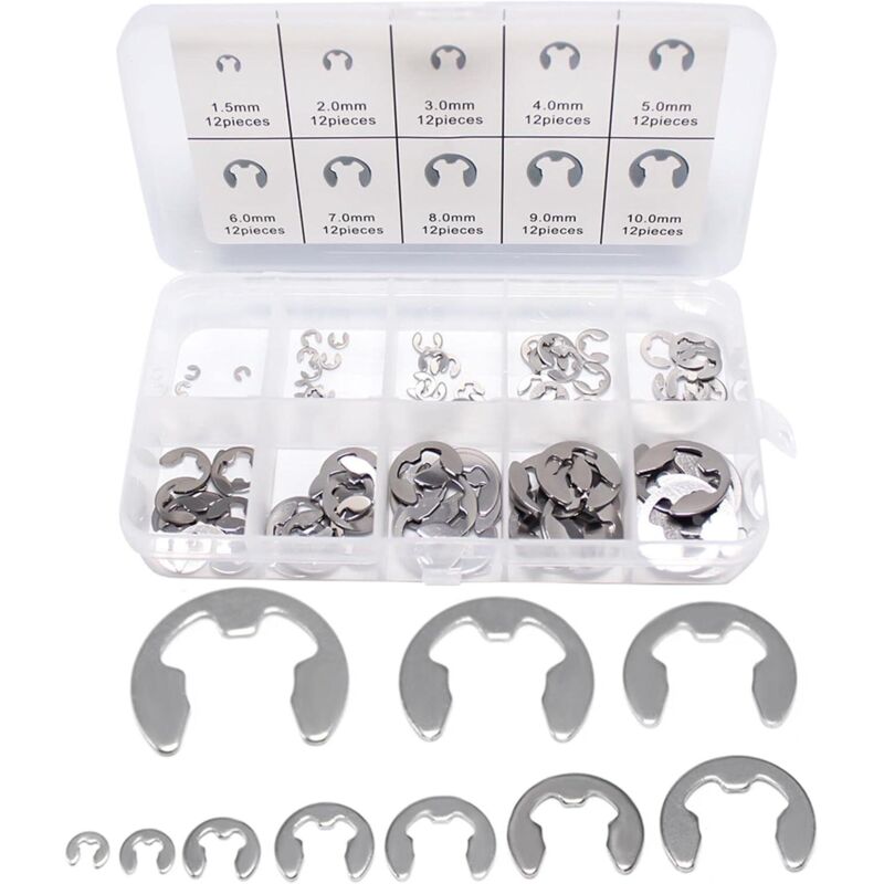 Pack of 120 stainless steel safety washers - 10 different sizes - With box - For corrugated groove machine - Automotive application (silver)