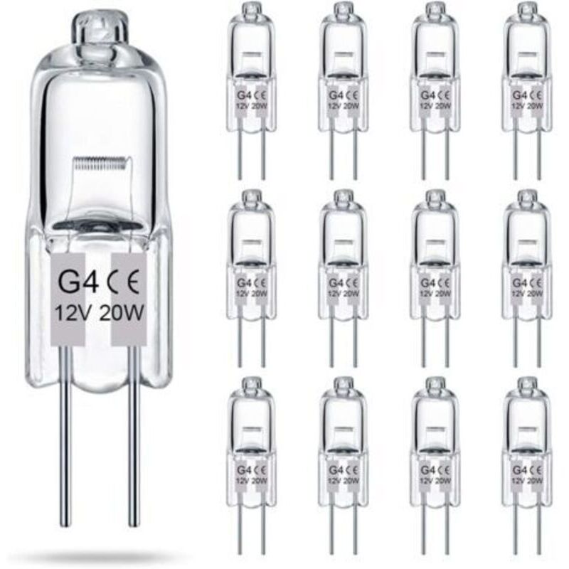 Pack of 14 G4 clear 2-pin halogen bulbs, 12V, 20W, JC T3 two-pin base, dimmable, warm white 2700K, for landscape lighting.