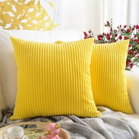 Pack of 2, Corduroy Soft Decorative Square Throw Pillow Cover Cushion Covers Pillowcase, Home Decor Decorations For Sofa Couch Bed Chair 18x18 Inch/45x45 cm (Striped Lemon Yellow)