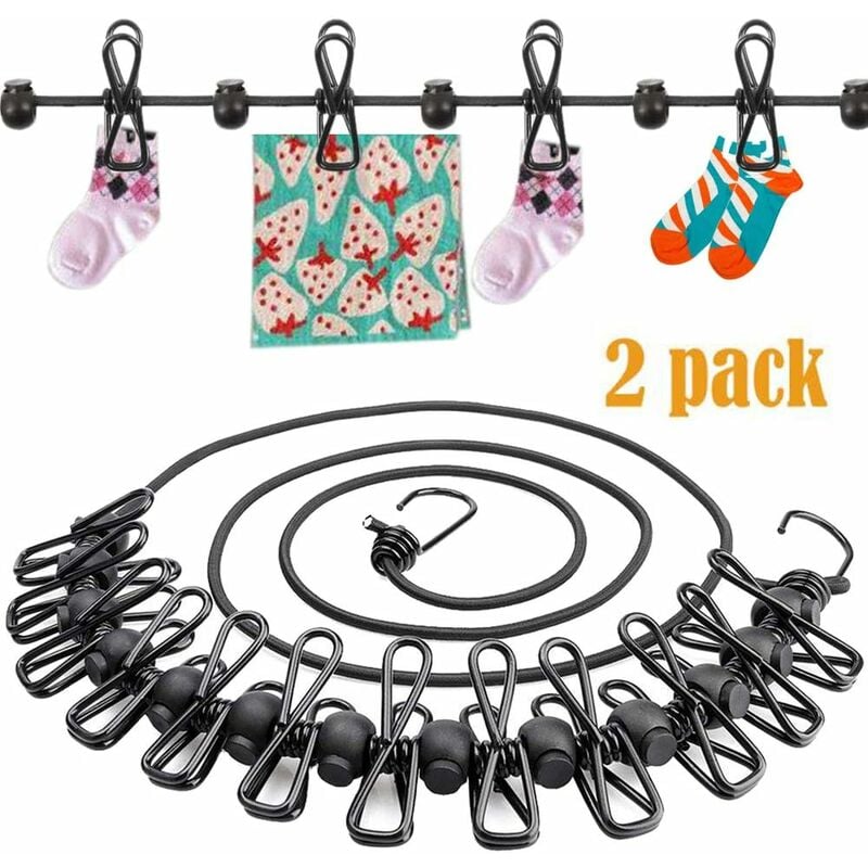 Pack of 2 portable travel clothesline, 12 pins, elastic, retractable, windproof, clothesline with 12 pegs - Gdrhvfd