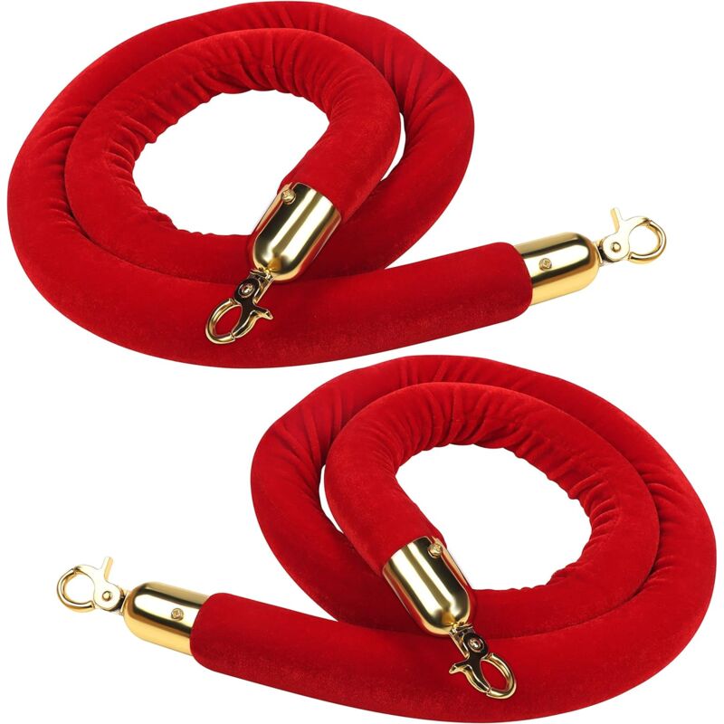 Sjqka - Pack of 2 Red Velvet Barrier Rope - l 150 x d 3.5 cm - Polished Gold Carabiner Hook for Delineator Posts - Thick Queue Separation and Crowd