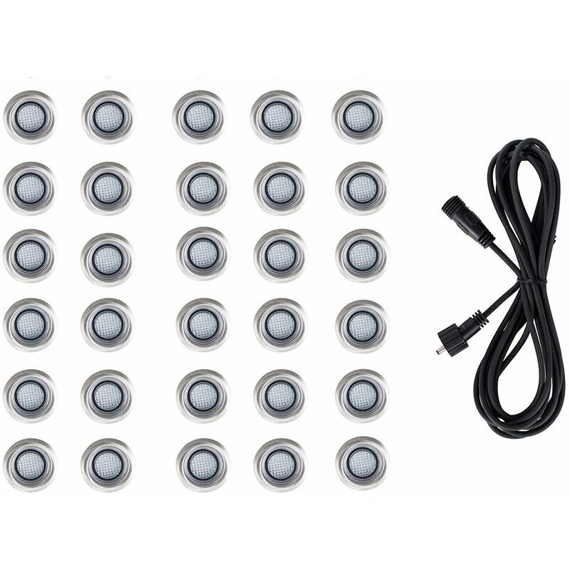 Minisun - 30 x LED Round IP67 Rated Garden Decking Lights Kit - 3M Extension Cable - White