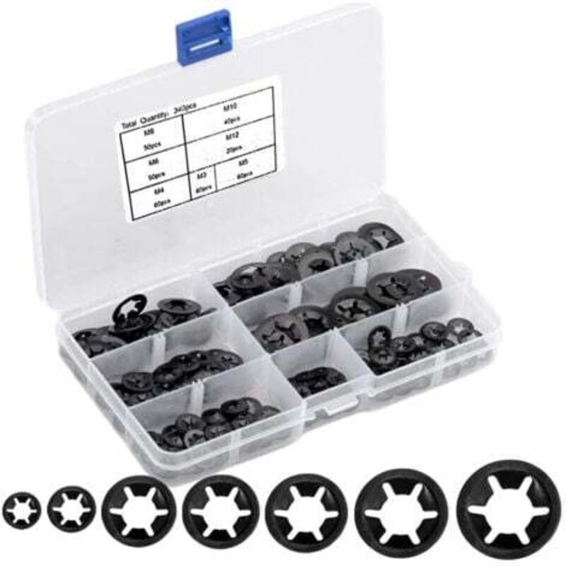 Pack of 340 M3/M4/M5/M6/M8/M10/M12 Lock Washers with Box, Internal Teeth, Clamping Washers, Safety Washers, Assorted Black