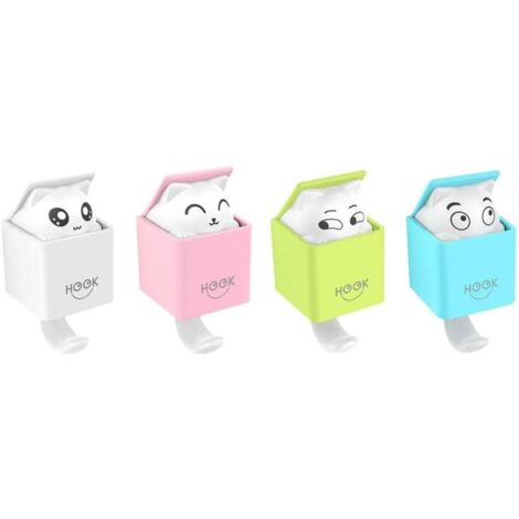 Pack of 4 Animal Adhesive Hooks, Creative Cat Children's Decoration Plastic Wall Towel Hooks, 2kg(max) for Living Room, Bathroom, Kitchen, Keys, Bags, Hats (Pink, Green, White, Blue)