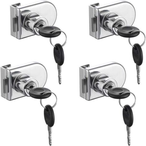 Pack of 4 security locks for double-opening glass door display cases, suitable for 0.2 to 0.3 inch glass doors, separate key without drilling, zinc alloy (with 8 keys)