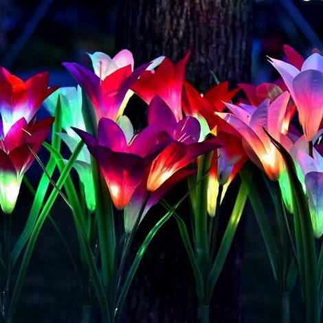 Pack of 4 solar garden lights with 16 larger lily flowers, multi-color changing LEDs, waterproof