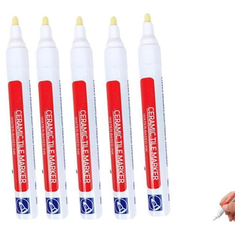 Pack of 5 white, waterproof caulking pens for tiles, tile joint repair, for tiles, walls, floors, bathrooms, and kitchens.