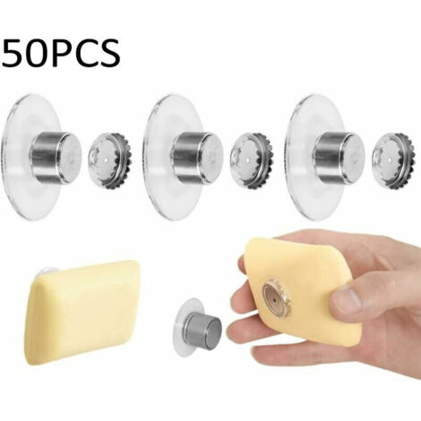 Pack of 50 magnetic soap holders with suction cups, designed for use without drilling. These magnetic soap holders are suitable for the bathroom, sink, bathtub, and kitchen.