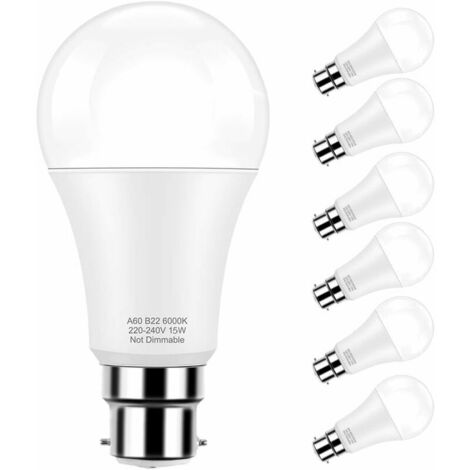 Pack of 6 B22 LED Bulbs, Globe led A60 15W (150W Bulb Equivalent), Cold White 6000K, 360° beam angle