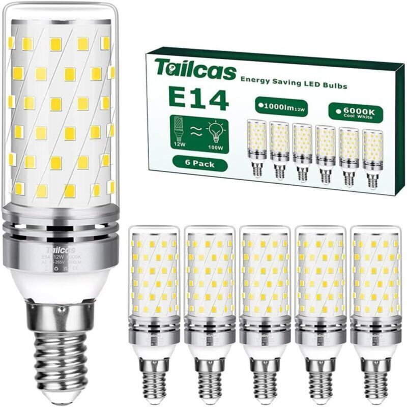 Pack of 6 E14 LED Bulbs, Cool White, 12W (100W Halogen Equivalent), Edison Screw Base, E14, 6000K, 1000LM, Non-Dimmable, Flicker-Free, AC 220-240V,