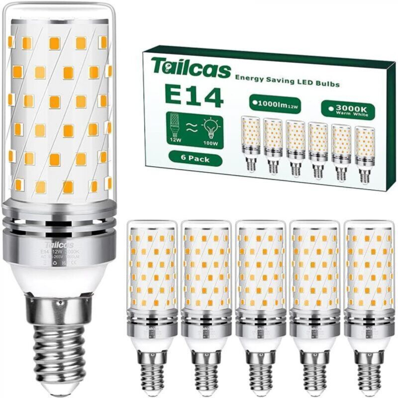 Pack of 6 E14 LED Bulbs, Warm White, 12W (100W Halogen Equivalent), Edison Screw Base, E14, 3000K, 1000LM, Non-Dimmable, Flicker-Free, AC 220-240V,
