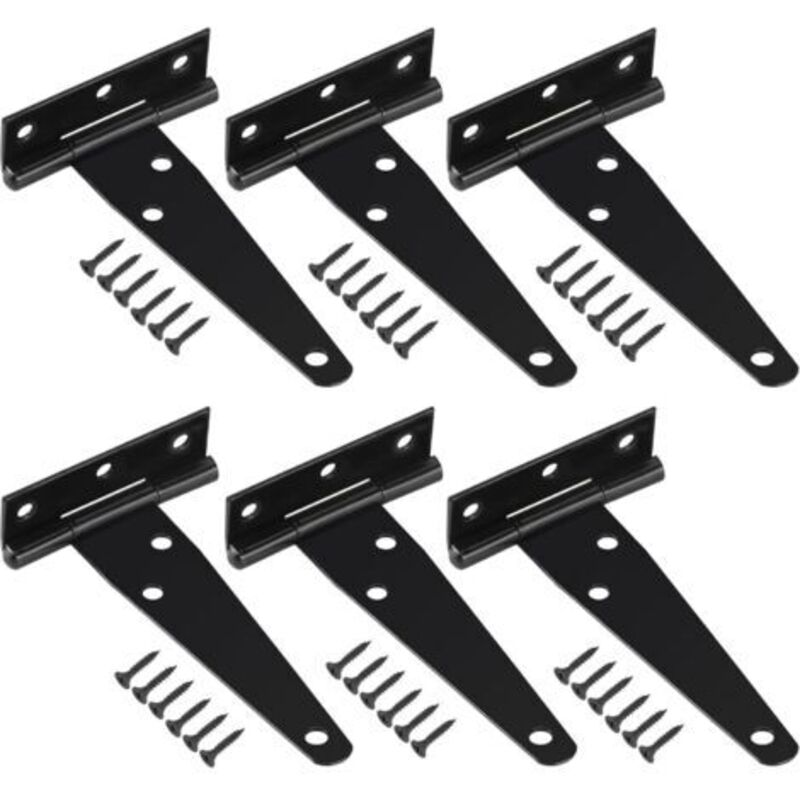 Pack of 6 T-Hinges with Mounting Screws, Heavy Duty Door Hinges for Barn Doors Wooden Gate and Window, Black
