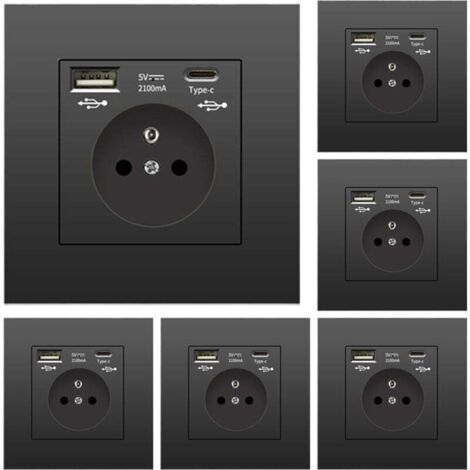 Pack of 6 wall sockets with USB and Type-C, 5V 2.1A, standard EU recessed USB socket, French power strip, 110-250V (black)
