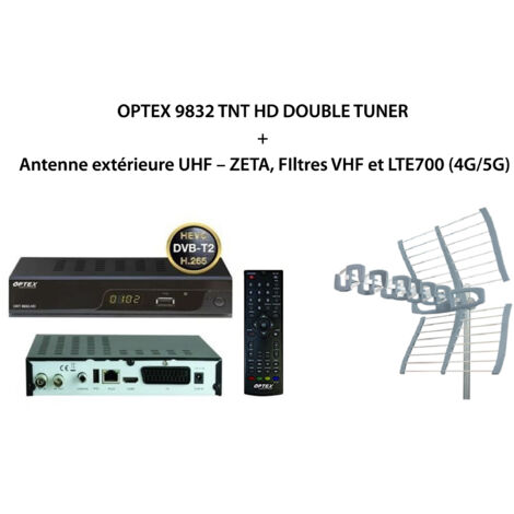 Pack OPTEX 9832 TNT HD DOUBLE TUNER + Antenne extérieure UHF – ZETA, FIltres VHF et LTE700 (4G/5G)