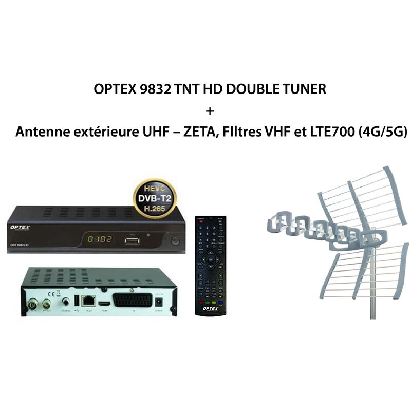 ME - Pack optex 9832 tnt hd double tuner + Antenne extérieure uhf – zeta, FIltres vhf et LTE700 (4G/5G)